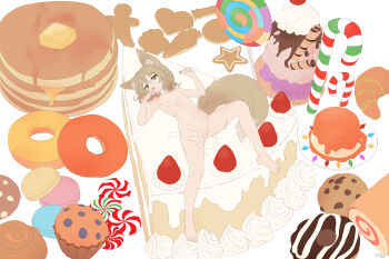 1girl absurdres animal_ears blonde_hair breasts cake cake_slice candy completely_nude cream cream_on_body flat_chest flat_color flatculture food fox_ears fox_girl full_body highres kudamaki_tsukasa licking licking_finger loli looking_at_viewer lying nipples nude on_back on_food oversized_food oversized_object pancake pudding pussy small_breasts solo test_tube touhou unconnected_marketeers variant_set yellow_eyes