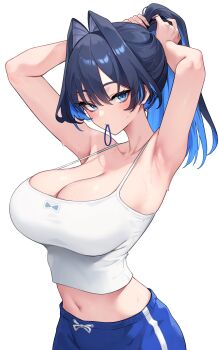 1girl absurdres armpit_focus armpits arms_up black_hair blue_eyes blue_hair blue_shorts breasts camisole cleavage colored_inner_hair commentary hair_flaps hair_intakes hair_tie_in_mouth highres hololive hololive_english large_breasts looking_at_viewer midriff mouth_hold multicolored_hair navel oopartz_yang ouro_kronii presenting_armpit shorts simple_background solo sweat symbol-only_commentary tying_hair virtual_youtuber white_background white_camisole