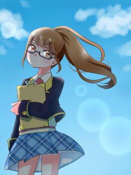 1girl black-framed_eyewear blue_skirt blue_sky clipboard commentary_request cowboy_shot glasses highres holding holding_clipboard lens_flare madori_(1ldkplanet) minami_mirei minami_mirei_(normal) necktie paprika_private_academy_school_uniform pleated_skirt ponytail pretty_series pripara red_necktie school_uniform semi-rimless_eyewear shirt sidelocks skirt sky under-rim_eyewear white_shirt