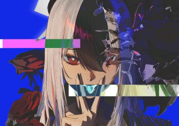 Rule 34 | 1girl, absurdres, art study, black choker, black hair, black nails, blue archive, blue background, bright pupils, choker, commentary, english commentary, flower, grey halo, hair between eyes, halo, highres, inverted colors, kayoko (blue archive), long hair, looking at viewer, multicolored hair, open mouth, portrait, red eyes, red flower, red rose, rifu002, rose, solo, straight-on, style study, two-tone hair, v, v over mouth, white hair, white pupils