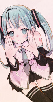 Rule 34 | 1girl, bare shoulders, black skirt, black sleeves, black thighhighs, blue eyes, blue hair, blue necktie, blush, blush stickers, braid, closed mouth, collar, collared shirt, colored eyebrows, cowboy shot, detached sleeves, dot mouth, dot nose, expressionless, frilled shirt, frills, half crown braid, hatsune miku, highres, kawamitsu, looking at viewer, necktie, number tattoo, open hand, own hands together, parted bangs, shirt, sitting, skirt, solo, square hair ornament, tattoo, thighhighs, third-party source, tie clip, twintails, vocaloid, white shirt, zettai ryouiki