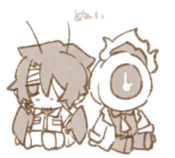 1boy 1other absurdres alternate_costume antennae arthropod_boy arthropod_limbs bandage_on_face bandage_over_one_eye bandaged_head bandages beard_stubble boots breast_pocket chibi chibi_only clock coat cockroach_boy collared_jacket collared_shirt dante_(limbus_company) dress_shirt facial_hair fire formal_clothes from_side full_body g_corp._(identity)_(project_moon) gregor_(project_moon) greyscale hair_between_eyes hair_intakes hair_over_one_eye half-closed_eyes highres insect_wings jacket jitome knee_boots lapels lily26983455 limbus_company long_coat long_hair long_sleeves looking_ahead looking_to_the_side low_ponytail male_focus monochrome monster_boy necktie no_mouth notched_lapels object_head official_alternate_costume one-eyed one_eye_covered open_clothes open_coat pants parted_bangs pocket ponytail pouch project_moon sepia shirt shoes simple_background sitting sleeves_rolled_up stubble suit sweater white_background wings