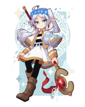 1girl belt black_belt black_pantyhose blue_flower boots breasts brown_boots capelet earrings elf floating_earrings flower frieren green_eyes grey_hair head_wreath highres holding holding_staff jewelry long_hair long_sleeves looking_at_viewer mage_staff pantyhose parted_bangs pointy_ears sandragh shirt skirt solo sousou_no_frieren staff striped_clothes striped_shirt teardrop_earrings twintails white_capelet white_hair white_skirt