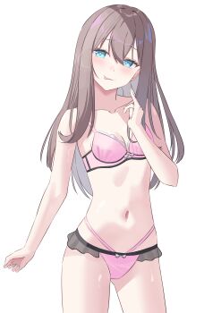 1girl :q absurdres aqua_eyes arm_at_side bow bow_bra bow_panties bra breasts brown_hair cleavage closed_mouth collarbone commentary_request cowboy_shot double-parted_bangs hair_between_eyes hand_up highres long_bangs long_hair medium_breasts navel original panties pink_bra pink_panties plasmadaikon simple_background solo standing stomach tongue tongue_out underwear underwear_only white_background