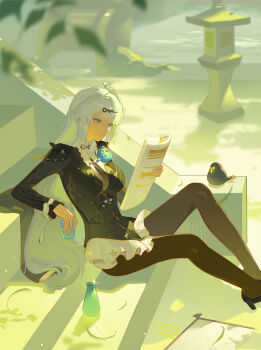 1girl absurdres black_dress black_pantyhose blue_eyes blurry breasts chinese_commentary closed_mouth commentary_request cup depth_of_field dress grey_hair highres holding holding_cup holding_newspaper large_breasts lingdu_han long_hair newspaper official_alternate_costume outdoors pantyhose reading sitting sitting_on_stairs solo stairs yixuan_(trails_of_ink)_(zenless_zone_zero) yixuan_(zenless_zone_zero) zenless_zone_zero