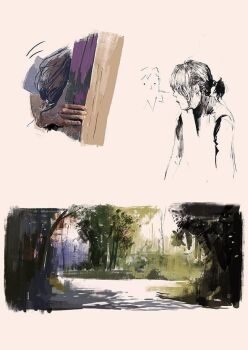 1boy 1girl day looking_down looking_to_the_side low_ponytail original painting_(medium) park path ponytail road scenery shadow slow_d sunlight traditional_media tree tree_shade