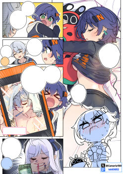 >_< 1boy 2girls belle_(zenless_zone_zero) black_shirt black_shorts blank_speech_bubble blue_hair blush breasts closed_eyes commentary_request cross_rock green_eyes hair_ornament highres holding holding_money korean_commentary letter_hair_ornament looking_at_viewer medium_breasts money mouth_hold multiple_girls nose_blush open_mouth shirt shorts sleeping speech_bubble textless_version toothbrush underboob vivian_banshee wise_(zenless_zone_zero) zenless_zone_zero