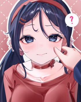 1girl ? aegyo_sal blue_eyes blue_hair blush breasts cheek_pinching choker closed_mouth collarbone commentary crazy_mita_(miside) english_commentary hair_ornament hairband hairclip highres icy_artzy large_breasts long_hair looking_at_viewer miside mita_(miside) parallel_hairclips pinching pink_background pov pov_hands red_choker red_hairband red_shirt shirt solo_focus spoken_question_mark straight-on upper_body