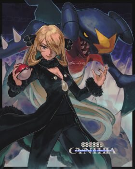 Rule 34 | 1girl, absurdres, black nails, black pants, black sclera, black shirt, blonde hair, breasts, character name, cleavage, closed mouth, colored sclera, creature, cynthia (pokemon), fingernails, garchomp, gen 4 pokemon, grey eyes, hair over one eye, highres, holding, holding poke ball, kornart, long hair, long sleeves, looking at viewer, medium breasts, nintendo, pants, poke ball, pokemon, pokemon (creature), pokemon dppt, sharp teeth, shirt, smile, teeth, very long hair, yellow eyes