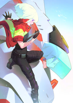 2boys absurdres aqua_hair belt black_gloves black_pants black_shirt blue_eyes blue_hair boots colored_eyelashes cropped_jacket day galo_thymos gapamopa gloves grin half_gloves highres jacket leg_belt lio_fotia looking_ahead male_focus matoi_tech mohawk multiple_belts multiple_boys pants pocket promare purple_eyes red_jacket shirt short_hair short_sleeves smile thigh_belt thigh_strap