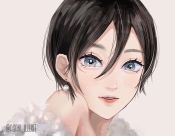 1girl asaki_illust black_hair close-up commentary_request earrings eyelashes hair_behind_ear hair_between_eyes highres jewelry mikasa_ackerman parted_lips pearl_earrings pink_lips shingeki_no_kyojin short_hair simple_background solo twitter_username