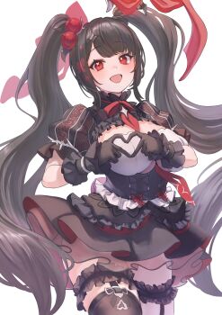 1girl absurdres black_dress black_gloves black_hair black_thighhighs blush dress four-finger_heart_hands frilled_dress frills gloves heart heart_hands highres indie_virtual_youtuber long_hair looking_at_viewer marulire open_mouth red_eyes smile solo thighhighs twintails very_long_hair virtual_youtuber yotogi_sera