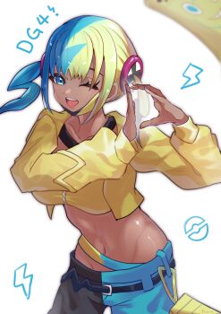 1girl :d anoma_(anomamama) bandeau belt black_belt blue_eyes canari_(pokemon) commentary_request cropped_jacket eyelashes gen_4_pokemon hands_up happy highres jacket lightning_bolt_symbol long_sleeves multicolored_hair nail_polish navel nintendo one_eye_closed open_clothes open_jacket open_mouth pants pokemon pokemon_legends:_z-a rotom rotom_phone smile solo teeth twintails upper_teeth_only white_background yellow_bandeau yellow_jacket zipper