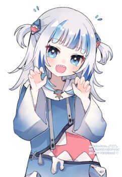 1girl :d blue_eyes blue_hair blue_hoodie blunt_bangs blush claw_pose commentary gawr_gura gawr_gura_(1st_costume) grey_hair hair_ornament hands_up highres hololive hololive_english hood hood_down hoodie long_sleeves looking_at_viewer multicolored_hair open_mouth shark_hair_ornament sharp_teeth simple_background smile solo streaked_hair symbol-only_commentary teeth two_side_up upper_body upper_teeth_only virtual_youtuber white_background wide_sleeves yukomeow