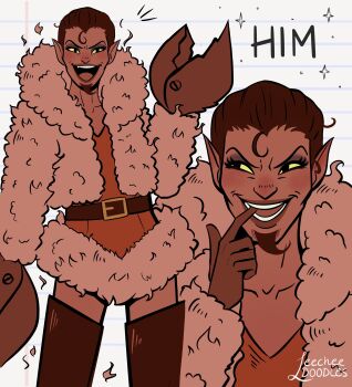 1boy absurdres belt black_belt black_eyes black_hair black_thighhighs boots coat colored_sclera colored_skin cowboy_shot crab_claw demon demon_boy dress energy english_text evil_smile facial_hair fur-trimmed_collar fur_coat fur_trim goatee green_sclera hair_slicked_back highres him_(powerpuff_girls) leecheedoodles looking_at_viewer looking_to_the_side male_focus multiple_views open_mouth pink_fur pointy_ears powerpuff_girls red_dress red_skin signature smile solo thigh_boots thighhighs white_background