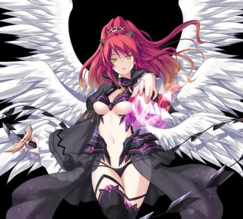 1girl black_background breasts eushully female_focus game_cg legs long_hair looking_at_viewer madou_koukaku navel ponytail power red_hair simple_background solo standing thighs weapon white_wings wings yellow_eyes