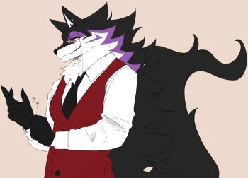 1boy black_fur black_gloves body_fur brown_background claws commentary_request furry furry_male glove_pull gloves looking_to_the_side male_focus monocle original purple_eyes purple_fur red_vest shirt simple_background solo tail tiger_subaru translation_request upper_body vest white_fur white_shirt wolf_boy