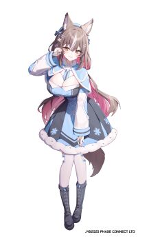 1girl absurdres animal_ear_fluff animal_ears black_boots black_bow blue_capelet blue_dress blue_hat boots bow breasts brown_eyes brown_hair capelet chisaka_airi cleavage closed_mouth colored_inner_hair commentary copyright_notice dress english_commentary flower full_body fur-trimmed_capelet fur-trimmed_dress fur_trim hair_bow hair_flower hair_ornament hat highres long_hair multicolored_hair phase_connect pink_hair solo streaked_hair tail taiyaki12 virtual_youtuber white_background white_flower white_hair wolf_ears wolf_girl wolf_tail