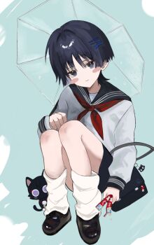 1boy alternate_costume animalization arm_at_side bag black_bag black_cat black_hair black_sailor_collar black_skirt blunt_ends blush_stickers brown_shoes cat closed_mouth contemporary crossdressing crossdressing_(mtf) feathers genshin_impact grey_hair hair_intakes hair_ornament hairclip hand_up highres holding holding_umbrella long_sleeves looking_at_viewer loose_socks male_focus neckerchief person_and_animalization pom_pom_(clothes) red_neckerchief sailor_collar scaramouche_(cat)_(genshin_impact) scaramouche_(genshin_impact) school_uniform serafuku shoes shoulder_bag sitting skirt smile socks solo t112 transparent transparent_umbrella umbrella white_serafuku white_sleeves white_socks wispy_bangs yellow_feathers