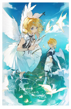1boy 1girl bare_shoulders bird blonde_hair blue_eyes blue_sky border brother_and_sister chibi chibi_inset closed_mouth cloud day double-parted_bangs dress english_text feathered_wings flying full_body hair_between_eyes hair_ribbon highres kagamine_len kagamine_rin kneehighs outdoors parted_bangs ribbon shirt short_hair short_sleeves shorts siblings sky sleeveless sleeveless_dress socks twins vocaloid white_border white_dress white_ribbon white_shirt white_shorts white_socks white_wings wings zeriko