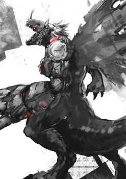 Rule 34 | absurdres, claw (weapon), cyborg, digimon, digimon (creature), dinosaur, glowing, glowing eyes, greyscale, helmet, highres, horns, mechanical arms, metalgreymon, monochrome, name e04, open mouth, red eyes, sharp teeth, short hair, single mechanical arm, solo, spot color, teeth, torn wings, weapon, wings