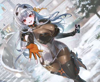 1girl absurdres armor bandaid bandaid_on_head blurry blurry_background bodysuit breasts card castle cleavage commentary_request dutch_angle fingerless_gloves gloves goddess_of_victory:_nikke grey_hair hair_ornament highres large_breasts long_hair looking_at_viewer meoyo mixed-language_commentary modernia_(nikke) official_art open_mouth outdoors outstretched_arm red_eyes smile snow thighhighs