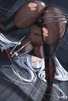 1girl absurdres ass azur_lane black_bodystocking black_boots black_thighhighs blush bodystocking boots closed_mouth covered_navel highres long_hair looking_at_viewer looking_back official_alternate_costume red_rope rope solo sovetsky_soyuz_(azur_lane) sovetsky_soyuz_(stringed_interrogation)_(azur_lane) thigh_boots thighhighs thighs torn_bodystocking torn_clothes very_long_hair white_hair wooden_floor yuhui_ranjin