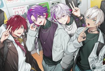 4boys alternate_costume arm_up black_shirt brown_jacket commentary from_above fuwa_minato green_eyes grey_jacket grey_nails hair_between_eyes hair_intakes hand_in_pocket highres hood hood_down hoodie ibrahim_(nijisanji) index_finger_raised jacket jewelry kanaru0301 lauren_iroas long_hair long_sleeves looking_at_viewer male_focus multicolored_eyes multicolored_hair multiple_boys necklace nijisanji open_clothes open_jacket ponytail purple_hair purple_nails purple_shirt red_hair shirt short_hair side_ponytail streaked_hair two-tone_eyes two-tone_hair v virtual_youtuber watarai_hibari white_hair white_hoodie yellow_eyes