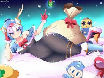 1girl antlers black_bodysuit blue_eyes blue_helmet blue_shirt bodysuit breasts christmas cropped_shirt fairy_leviathan_(mega_man) feet_out_of_frame forehead_jewel helmet horns large_breasts lying m11xgirby mega_man_(character) mega_man_(classic) mega_man_(series) mega_man_legends_(series) mega_man_zero_(series) mistletoe on_side reindeer_antlers servbot_(mega_man) shirt single_bare_shoulder single_off_shoulder solo_focus thighs