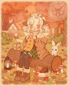 animal animal_ears antlers arunyi autumn autumn_leaves basket black_thighhighs boots border brown_boots brown_border brown_cardigan building bush candle cardigan cardigan_partially_removed chimney commentary commission curtained_hair deer_antlers deer_ears deer_girl dewlap english_commentary fluffy_hair forest freckles grass green_skirt grin hatching_(texture) highres horns house indie_virtual_youtuber knitting lantern leaf looking_ahead miniskirt mushroom nature no_pupils opal_stardoe_(vtuber) open_cardigan open_clothes orange_eyes outdoors parted_bangs path plaid_clothes plaid_skirt rabbit road short_hair sidelocks sitting sitting_on_log skirt smile squirrel star_(symbol) sweater thighhighs vgen_commission virtual_youtuber watermark wavy_hair white_hair white_rabbit_(animal) yarn yarn_ball yellow_sweater zettai_ryouiki