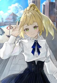 Rule 34 | 1girl, beach, beach umbrella, blonde hair, blue ribbon, blush, braid, city, commentary request, dress, gen 7 pokemon, green eyes, highres, lillie (pokemon), nintendo, pikipek, pokemon, pokemon sm, ponytail, ponytail with braided base, ribbon, smile, solo, srseyo o, umbrella, v, white dress