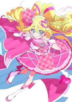 1girl blonde_hair blue_eyes boots cure_idol dated detached_sleeves double-parted_bangs dress full_body grin hair_between_eyes hair_ornament hairband hands_up headset heart heart_hair_ornament highres kimi_to_idol_precure long_hair looking_at_viewer magical_girl pink_dress ponytail precure sakura_uta_(precure) serizawa_serizane short_sleeves sleeveless sleeveless_dress smile solo twitter_username watermark white_boots white_hairband white_sleeves