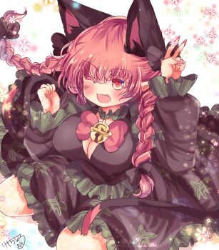1girl :3 animal_ear_fluff animal_ears arms_up bell black_bow black_dress blush bow bowtie braid breasts cat_ears cat_girl cat_tail cleavage commentary_request dress extra_ears fang fingernails floating_clothes floating_hair floral_background floral_print frilled_sleeves frills green_dress hair_between_eyes hair_bow highres kaenbyou_rin kemo_chiharu large_breasts light_particles long_fingernails long_hair long_sleeves looking_at_viewer multiple_tails neck_bell one_eye_closed open_mouth pink_background pink_nails pointy_ears red_bow red_bowtie red_eyes red_hair signature sitting smile solo tail tail_around_own_waist touhou twin_braids two-tone_dress v wariza white_background