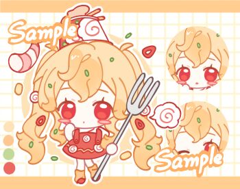 1girl ball_hands blonde_hair chibi chibi_only closed_mouth double-parted_bangs dress fork full_body grid_background holding holding_fork long_hair looking_at_viewer multiple_views orange_socks original qin'aide red_dress red_eyes red_shoes sample_watermark shoes short_sleeves socks standing twintails watermark white_background