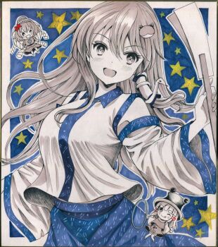 Rule 34 | 3girls, :d, bare shoulders, blue background, blue sky, border, breasts, chibi, detached sleeves, dutch angle, frog hair ornament, gohei, greyscale, hair ornament, hair tubes, hajike akira, highres, holding, holding gohei, kochiya sanae, limited palette, long hair, long sleeves, medium breasts, midriff peek, mini person, minigirl, monochrome, moriya suwako, multiple girls, oonusa, open mouth, shirt, single hair tube, single sidelock, sky, sleeveless, sleeveless shirt, smile, snake hair ornament, star (symbol), touhou, traditional media, upper body, very long hair, white border, wide sleeves, yasaka kanako