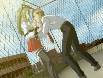 00s 1boy 1girl 2005 animal_ears animated animated_gif bag bible_black bible_black_only biting biting_clothes bouncing_breasts breasts breasts_squeezed_together closed_eyes clothes_lift clothes_pull dress fake_ears fence grabbing_another's_breast green_hair groping ito_mika large_breasts long_hair necktie nipple_biting nipple_stimulation nipple_tweak open_clothes outdoors panties pink_panties pulling_up_skirt rabbit_ears red_dress red_skirt school school_bag school_roof school_rooftop school_uniform shoes skirt skirt_lift sunset tagme thighhighs underwear zettai_ryouiki