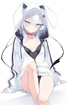 1girl animal_hood blue_eyes breasts choker commentary_request hair_ornament highres hood looking_at_viewer original otokuyou paid_reward_available ringo-chan_(otokuyou) sitting small_breasts solo white_hair