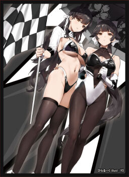 2girls animal_ears atago_(azur_lane) atago_(stunning_speedster)_(azur_lane) azur_lane bikini black_bikini black_hair black_leotard black_pantyhose black_thighhighs bow breasts brown_eyes checkered_flag cleavage commentary commentary_request covered_navel day elbow_gloves flag gloves hair_bow hair_flaps hair_ribbon highleg highleg_bikini highleg_leotard large_breasts leotard long_hair long_sleeves looking_at_viewer multicolored_bikini multicolored_leotard multiple_girls navel official_alternate_costume pantyhose ponytail race_queen ribbon sakura_empire_(emblem) second-party_source shrug_(clothing) sky standing swimsuit symbol-only_commentary takao_(azur_lane) takao_(full_throttle_charmer)_(azur_lane) thighhighs thighs two-tone_bikini two-tone_leotard umbrella white_bikini white_bow white_gloves white_leotard white_ribbon wrist_cuffs yd_(orange_maru)