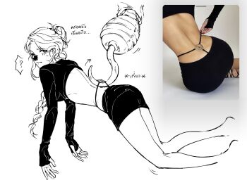 1girl ? bare_legs braid buggy_the_clown closed_mouth clown_nose crocodile_(one_piece) cropped_shirt disembodied_hand genderswap genderswap_(mtf) hair_bun highres hook_hand long_sleeves messy_hair miniskirt mnialmineral monochrome one_piece panties panty_pull photo-referenced photo_(medium) pulling_another&#039;s_clothes reference_photo single_hair_bun skirt solo spoken_question_mark suspension sweatdrop thong underwear