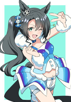 1girl absurdres animal_ears arm_warmers baasaku_(balasaku24) black_hair blue_choker blush breasts choker commentary_request cosplay crop_top crown_ornament ear_ornament ear_through_crown green_eyes hair_between_eyes hair_ornament highres horse_ears horse_girl horse_tail idol lisia_(pokemon) lisia_(pokemon)_(cosplay) long_hair looking_at_viewer midriff multicolored_hair navel nintendo one_eye_closed open_mouth overskirt pokemon pokemon_oras satono_crown_(umamusume) shorts shorts_under_skirt side_ponytail smile solo star_(symbol) streaked_hair tail umamusume w white_hair white_shorts