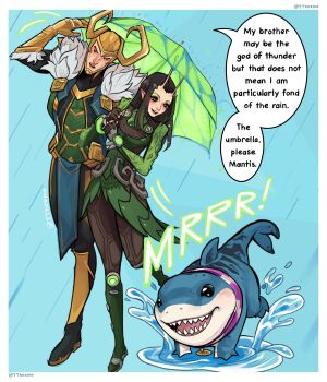 1boy 1girl :d alien antennae black_eyes black_hair blue_background boots border brown_gloves brown_pants cheekbones collar commentary couple english_commentary english_text eyeshadow fake_horns fingerless_gloves full_body fur_trim gloves gold_gloves gold_helmet green_boots green_eyes green_eyeshadow guardians_of_the_galaxy hair_ornament hairclip helmet hetero highres holding holding_umbrella horned_helmet horns jeff_(marvel) loki_(marvel) long_hair makeup mantis_(marvel) marvel marvel_rivals open_mouth pants pelvic_curtain pink_collar puddle rain shared_umbrella shark sharp_teeth smile speech_bubble splashing teeth thor_(marvel)_(series) tthexina twitter_username umbrella white_border