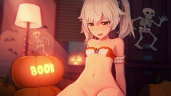 1girl 3d ;p animated anna_anon arm_up armband black_ribbon blurry blurry_background blush bouncing_breasts breasts candy commentary crying_emoji emoji english_commentary food frilled_armband frills hair_ribbon halloween hand_up highres holding holding_candy holding_food holding_lollipop implied_sex indoors jack-o&#039;-lantern koikatsu_(medium) lamp lechery_amore_(voice_actor) lollipop lollipop_in_mouth looking_at_viewer milestone_celebration navel one_eye_closed original out-of-frame_censoring pumpkin red_eyes ribbon short_hair small_breasts solo sound sweat tagme tongue tongue_out v video white_armband white_hair