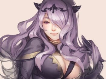 1girl between_breasts breasts camilla_(fire_emblem) cleavage duetmoved fire_emblem fire_emblem_fates hair_over_one_eye large_breasts long_hair nintendo one_eye_covered playing_with_own_hair purple_eyes purple_hair solo strap_between_breasts tiara water