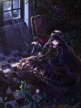 1girl amputee barefoot black_dress black_hair bound bound_arms broken_window commentary_request cracked_skin dress expressionless fantasy flower frilled_dress frills gothic_lolita highres lolita_fashion long_hair missing_eye moonlight night original overgrown plant red_eyes rose solo taitannsouru thorns very_long_hair vines