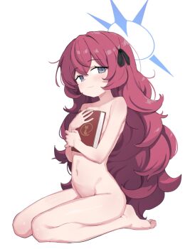 1girl :3 arsyky14 bare_shoulders barefoot black_ribbon blue_archive blue_halo blush book bow breasts bright_pupils cleavage_cutout closed_mouth clothing_cutout collarbone completely_nude covering_breasts covering_privates crotch dot_nose feet fluffy_hair full_body grey_eyes groin hair_between_eyes hair_bow hair_ribbon halo hands_up highres hip_vent holding holding_book hugging_book hugging_object iroha_(blue_archive) kneeling light_blush loli long_hair looking_at_viewer navel nude red_hair ribbon seiza simple_background sitting small_breasts smile soles solo split_mouth stomach thighs toes very_long_hair wavy_hair white_background