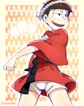 Rule 34 | 1boy, arrow background, fang, japanese clothes, kimono, looking ahead, matsu symbol, matsuno osomatsu, mone (14ri0000), nejiri hachimaki, open mouth, osomatsu-san, osomatsu (series), red kimono, smile, stretching, two-tone background