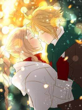 1boy 1girl 5ldijzsxe040384 aerith_gainsborough alternate_costume arms_around_waist blonde_hair blurry bokeh braid braided_ponytail brown_coat brown_hair christmas christmas_lights cloak closed_eyes cloud_strife coat commentary_request couple depth_of_field final_fantasy final_fantasy_vii gloves green_scarf hair_ribbon hetero highres hood hooded_cloak imminent_kiss long_hair parted_lips pink_ribbon red_gloves red_sweater ribbon scarf short_hair single_braid spiked_hair sweater upper_body white_coat white_sweater