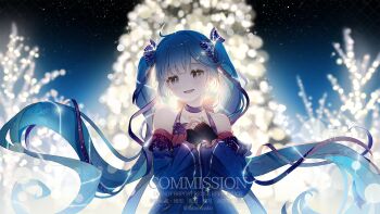 Rule 34 | 1girl, ahoge, aqua nails, bare shoulders, blue dress, blue eyes, blue hair, blurry, blurry background, blush, bow, breasts, collarbone, commentary request, commission, constellation print, dress, fingernails, hair between eyes, hair bow, hair ornament, hands on own chest, hatsune miku, highres, long hair, long sleeves, looking at viewer, nail polish, night, official alternate costume, official alternate hairstyle, open mouth, outdoors, sabaumako, sky, sleeveless, sleeveless dress, small breasts, solo, twintails, vocaloid, watermark, wide sleeves, yuki miku, yuki miku (2017)