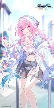 1girl aqua_hair bag blurry blurry_background braid candy casual character_charm charm_(object) cyrene_(honkai:_star_rail) cyrene_(ripples_of_past_reverie)_(honkai:_star_rail) food grey_skirt highres holding holding_candy holding_food holding_lollipop honkai:_star_rail honkai_(series) jacket jewelry knit_hat lollipop long_hair long_sleeves looking_at_viewer mem_(honkai:_star_rail) midriff multicolored_hair navel necklace non-web_source official_alternate_costume official_art official_wallpaper open_clothes open_jacket open_mouth pink_hair pointy_ears purple_eyes shoulder_bag skirt smile solo symbol-shaped_pupils white_jacket