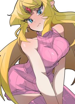 1girl bare_shoulders blonde_hair blue_eyes breasts circlet commentary dress embarrassed highres long_hair nintendo parted_bangs pink_dress pointy_ears princess_zelda ribbed_dress satoro301 short_dress sidelocks sleeveless sleeveless_dress sweat symbol-only_commentary the_legend_of_zelda the_legend_of_zelda:_a_link_between_worlds thighhighs wavy_mouth